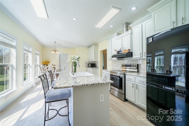 kitchen featuring light wood finished floors, under cabinet range hood, a sink, freestanding refrigerator, and electric range