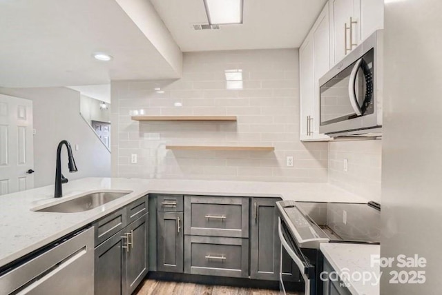 2335 Brookview Ct, Rock Hill, SC 29732 - kitchen with a sink, decorative backsplash, stainless steel appliances, visible vents, and light stone counters