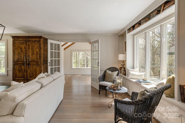 living area featuring ornamental molding, baseboards, and light wood-type flooring