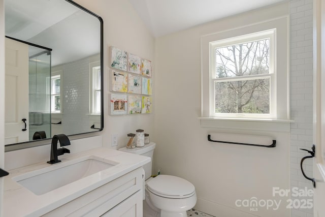 full bathroom featuring toilet, vanity, vaulted ceiling, and walk in shower
