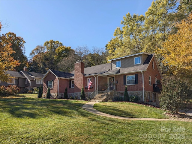 317 Balsam Dr, Waynesville, NC 28786 - view of front facade featuring a front yard, brick siding, stone siding, and a chimney
