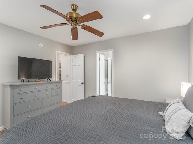 bedroom featuring ceiling fan and recessed lighting