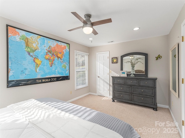 bedroom featuring baseboards, recessed lighting, visible vents, ceiling fan, and light colored carpet