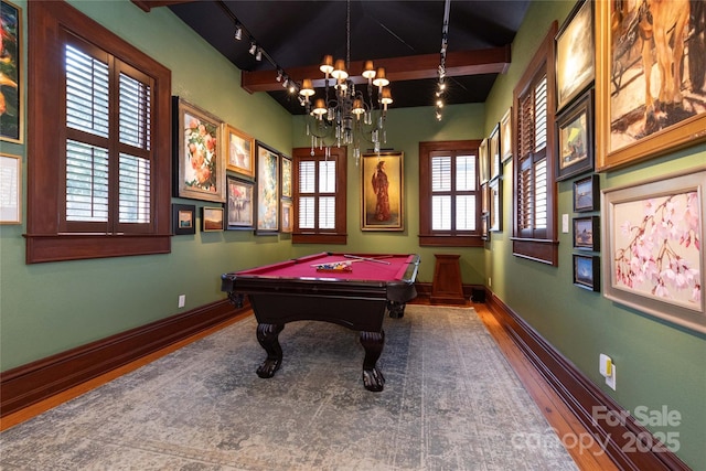 129 Woolsey Hts, Waynesville, NC 28786 - recreation room featuring wood finished floors, beam ceiling, a chandelier, billiards table, and baseboards