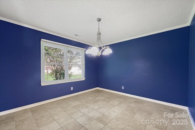 spare room featuring visible vents, baseboards, crown molding, and a textured ceiling