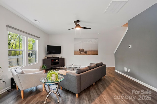 11040 E Lake Rd, Charlotte, NC 28215 - living area with wood finished floors, baseboards, a ceiling fan, and visible vents