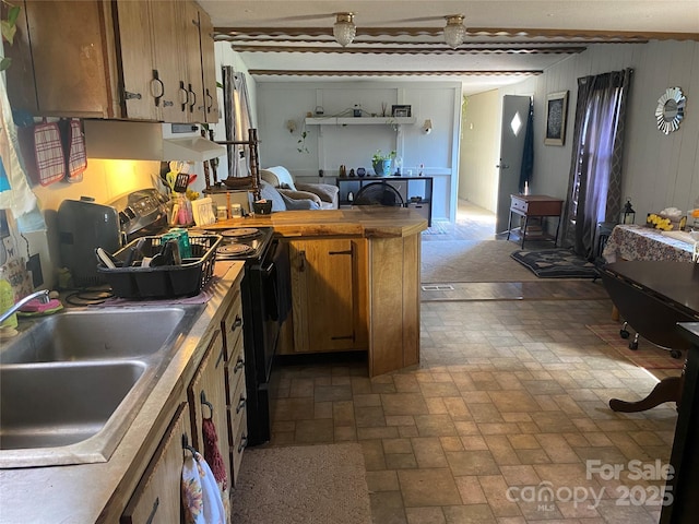 1798 Lonnie Shuffler St, Morganton, NC 28655 - kitchen featuring a sink, a peninsula, black range with electric stovetop, and brown cabinets