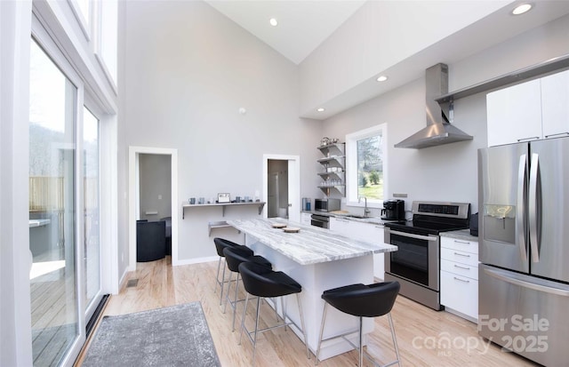 8061 State Highway 80 S, Burnsville, NC 28714 - kitchen featuring wall chimney exhaust hood, white cabinetry, appliances with stainless steel finishes, a sink, and a breakfast bar area