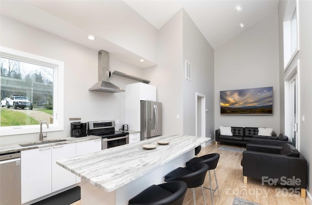 8061 State Highway 80 S, Burnsville, NC 28714 - kitchen with white cabinetry, modern cabinets, wall chimney exhaust hood, appliances with stainless steel finishes, and a sink