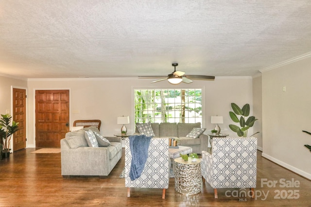 125 Dutchman Creek Rd, Elkin, NC 28621 - living room with wood finished floors, a textured ceiling, a ceiling fan, crown molding, and baseboards