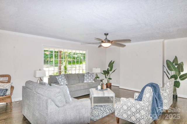 125 Dutchman Creek Rd, Elkin, NC 28621 - living room with wood finished floors, crown molding, ceiling fan, and baseboards