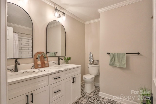 125 Dutchman Creek Rd, Elkin, NC 28621 - full bathroom featuring toilet, double vanity, crown molding, tile patterned floors, and baseboards