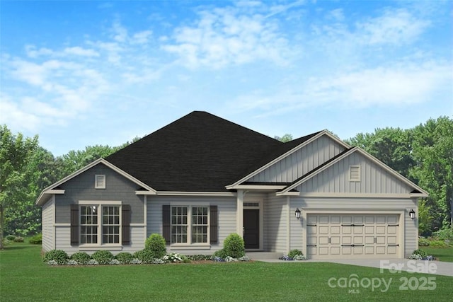 184 Swann Rd Unit 1, Statesville, NC 28625 - view of front of property featuring a shingled roof, a garage, board and batten siding, concrete driveway, and a front lawn