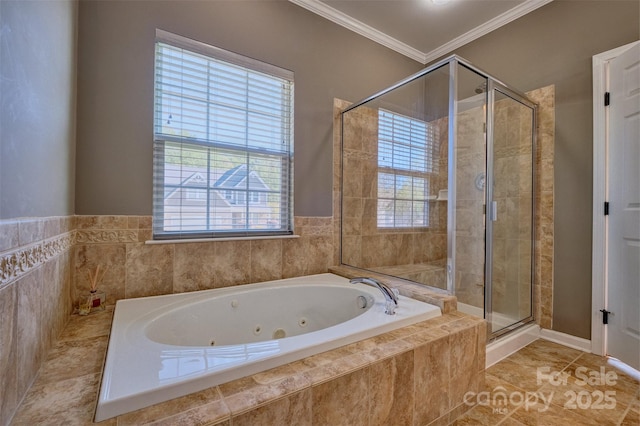 full bathroom with a shower stall, tile patterned flooring, a jetted tub, and ornamental molding