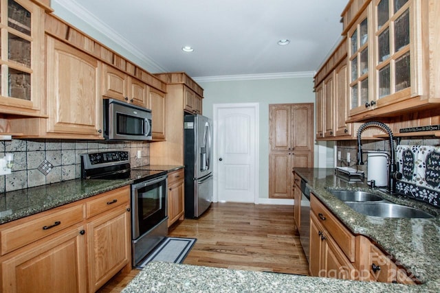 kitchen featuring tasteful backsplash, a sink, stainless steel appliances, light wood-type flooring, and ornamental molding