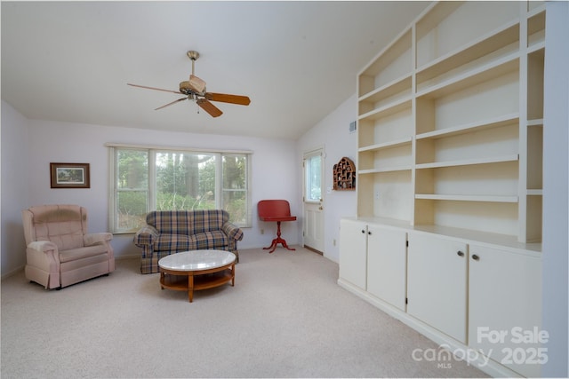 6815 Old Post Rd, Charlotte, NC 28212 - living room with baseboards, light colored carpet, vaulted ceiling, and ceiling fan
