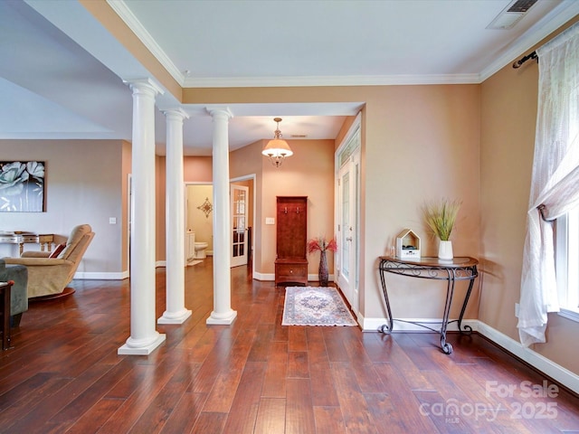 135 Boulder Ridge Dr, Denton, NC 27239 - foyer entrance with visible vents, baseboards, dark wood-style flooring, ornamental molding, and decorative columns