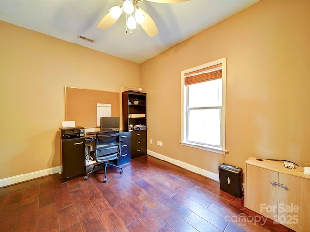 135 Boulder Ridge Dr, Denton, NC 27239 - home office featuring dark wood-type flooring, visible vents, ceiling fan, and baseboards