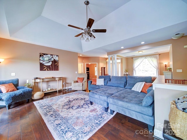 135 Boulder Ridge Dr, Denton, NC 27239 - living room with ceiling fan, recessed lighting, and dark wood-style floors