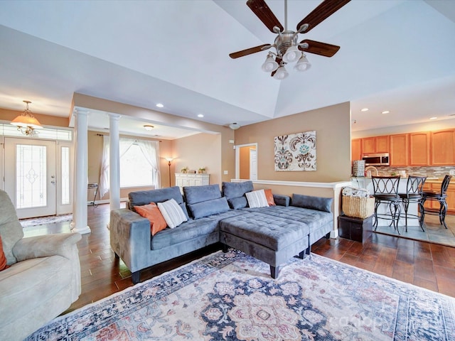 135 Boulder Ridge Dr, Denton, NC 27239 - living area with dark wood-type flooring, a ceiling fan, ornate columns, and recessed lighting
