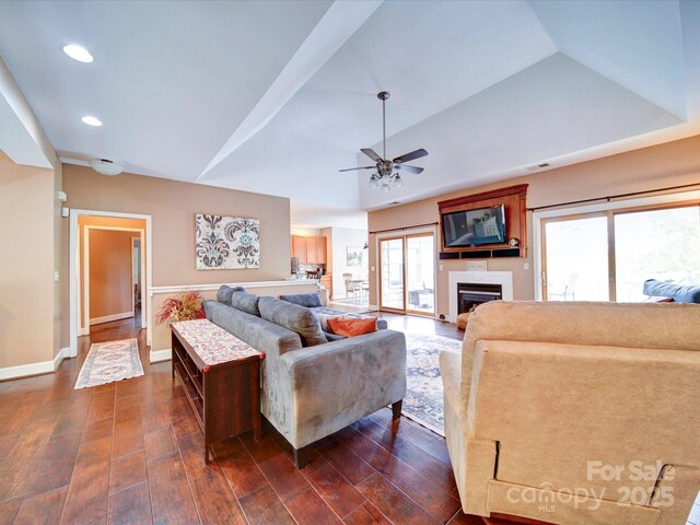 135 Boulder Ridge Dr, Denton, NC 27239 - living room featuring baseboards, recessed lighting, a fireplace, dark wood-type flooring, and ceiling fan