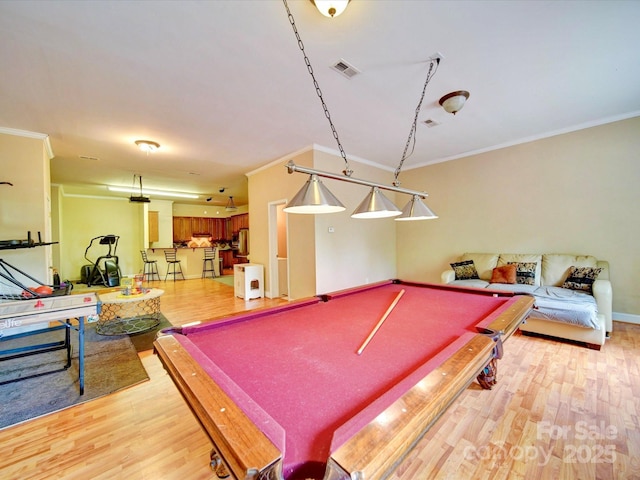 135 Boulder Ridge Dr, Denton, NC 27239 - rec room with ornamental molding, visible vents, light wood finished floors, and pool table