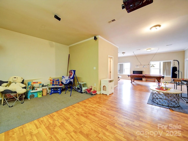 135 Boulder Ridge Dr, Denton, NC 27239 - recreation room with crown molding, wood finished floors, pool table, and visible vents