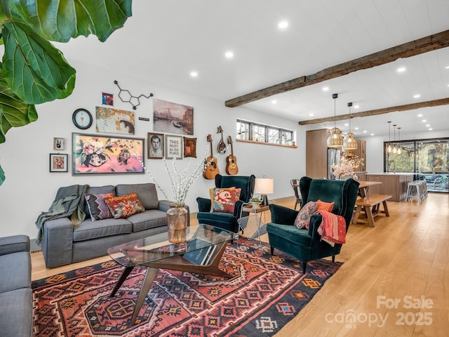 408 S Oconeechee Ave, Black Mountain, NC 28711 - living room featuring an inviting chandelier, beamed ceiling, recessed lighting, and light wood-style flooring