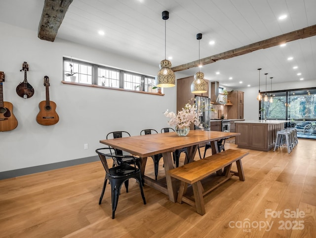408 S Oconeechee Ave, Black Mountain, NC 28711 - dining area with light wood-style floors, beamed ceiling, and recessed lighting
