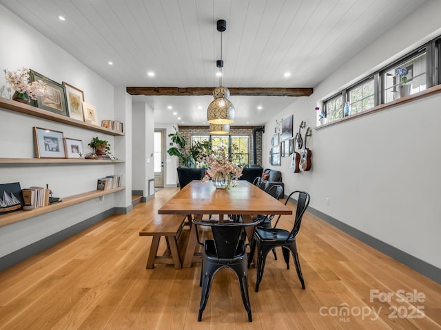 408 S Oconeechee Ave, Black Mountain, NC 28711 - dining room with recessed lighting, beamed ceiling, and light wood-style flooring