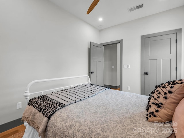 408 S Oconeechee Ave, Black Mountain, NC 28711 - bedroom featuring visible vents, wood finished floors, baseboards, recessed lighting, and a ceiling fan