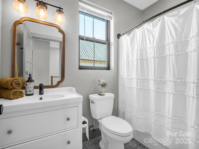 408 S Oconeechee Ave, Black Mountain, NC 28711 - full bathroom with vanity, tile patterned floors, toilet, and a shower with curtain
