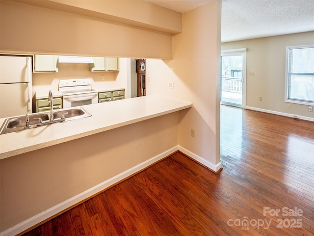 kitchen with baseboards, white appliances, dark wood finished floors, and range hood