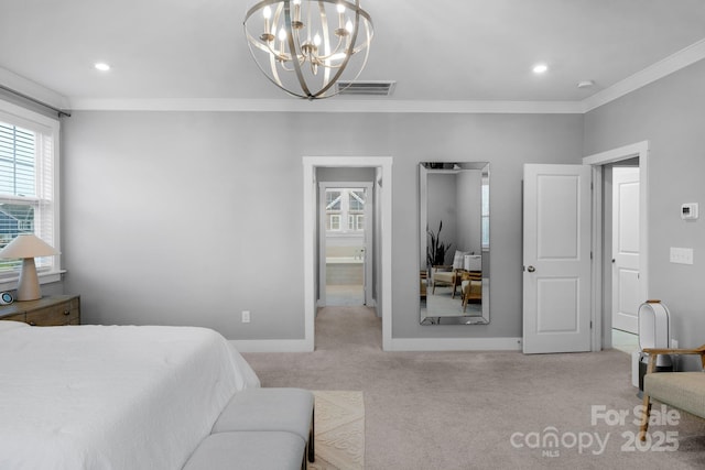 bedroom featuring carpet, visible vents, multiple windows, and crown molding