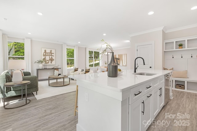 kitchen with crown molding, stainless steel dishwasher, a healthy amount of sunlight, light wood-style floors, and a sink