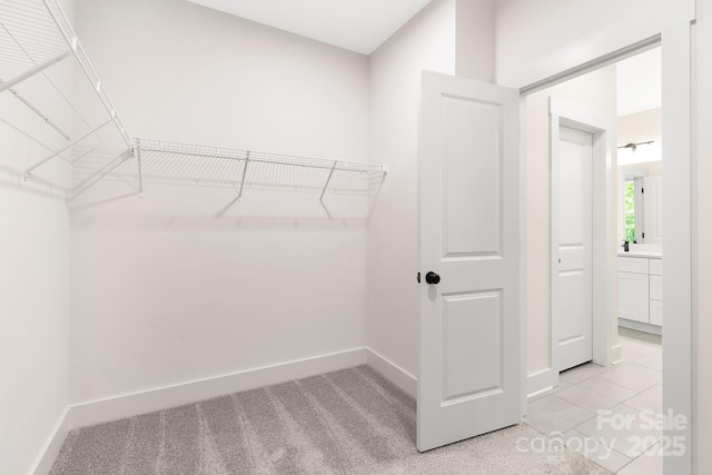 spacious closet featuring light carpet