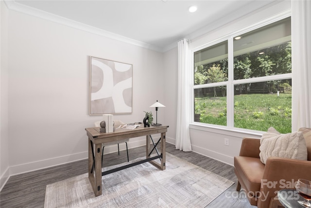 8937 Penstemons Dr, Charlotte, NC 28215 - office area with crown molding, wood finished floors, and recessed lighting