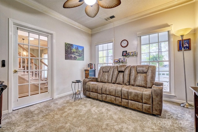 394 Runnymede Dr, Rock Hill, SC 29732 - carpeted living room with visible vents, baseboards, ornamental molding, and ceiling fan
