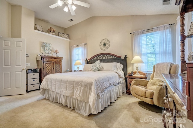394 Runnymede Dr, Rock Hill, SC 29732 - bedroom with visible vents, a ceiling fan, light colored carpet, and lofted ceiling