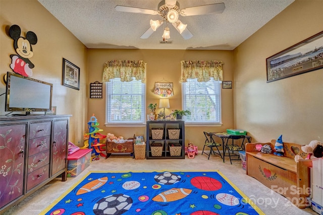 394 Runnymede Dr, Rock Hill, SC 29732 - recreation room featuring carpet floors, ceiling fan, visible vents, and a textured ceiling