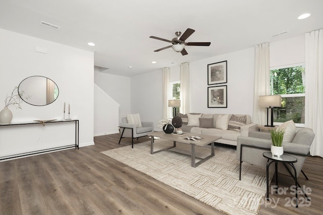 3354 W Sugar Creek Rd, Charlotte, NC 28269 - living room with baseboards, recessed lighting, visible vents, ceiling fan, and wood finished floors