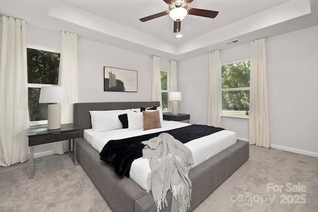 3354 W Sugar Creek Rd, Charlotte, NC 28269 - carpeted bedroom featuring baseboards, recessed lighting, a raised ceiling, visible vents, and ceiling fan