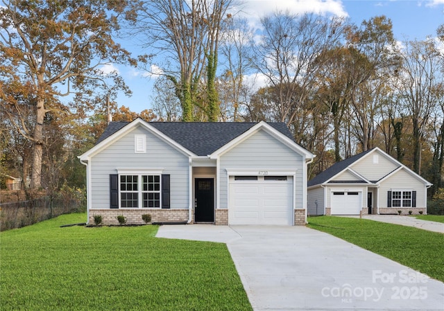 ranch-style house featuring driveway, a front lawn, brick siding, a garage, and fence