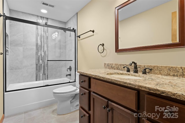1 Sleepy Hollow Dr, Maggie Valley, NC 28751 - bathroom with shower / bath combination with glass door, vanity, tile patterned flooring, toilet, and visible vents