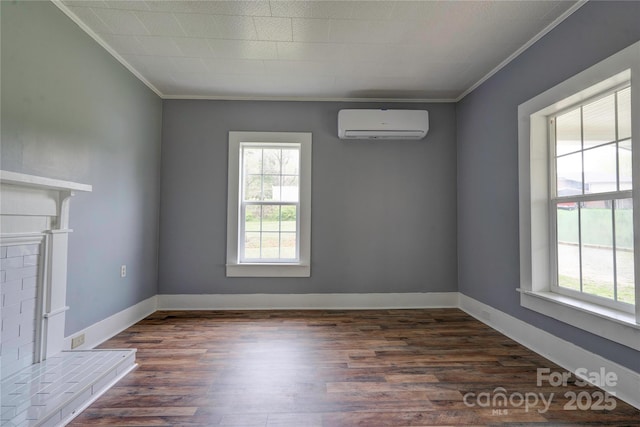 210 Moriah School Rd, Casar, NC 28020 - unfurnished living room featuring a wall unit AC, ornamental molding, healthy amount of natural light, and wood finished floors