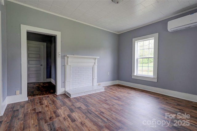 210 Moriah School Rd, Casar, NC 28020 - unfurnished living room with ornamental molding, wood finished floors, a wall mounted air conditioner, and baseboards
