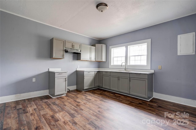 210 Moriah School Rd, Casar, NC 28020 - kitchen with gray cabinets, dark wood-type flooring, baseboards, a textured ceiling, and a sink