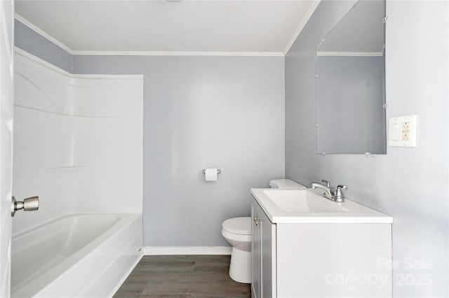 210 Moriah School Rd, Casar, NC 28020 - full bathroom with baseboards, toilet, crown molding, wood finished floors, and vanity