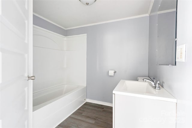 210 Moriah School Rd, Casar, NC 28020 - full bathroom featuring wood finished floors, ornamental molding, baseboards, vanity, and  shower combination