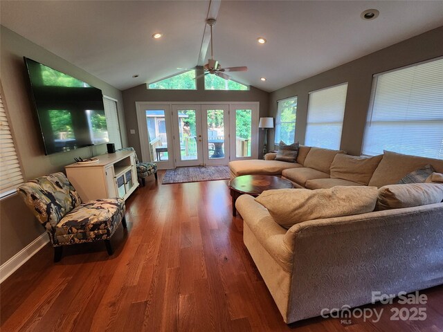 148 Palaside Dr NE, Concord, NC 28025 - living room featuring french doors, a ceiling fan, wood finished floors, and lofted ceiling